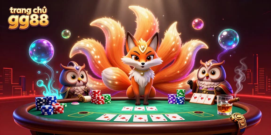 Engage with the thrilling world of trang chủ gg88 through vibrant casino scenes featuring a mystical fox and wise owl.