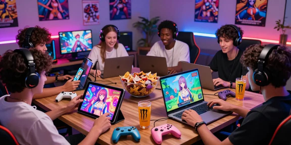 Players enjoying ecchi games on multiple devices in a vibrant gaming room atmosphere.