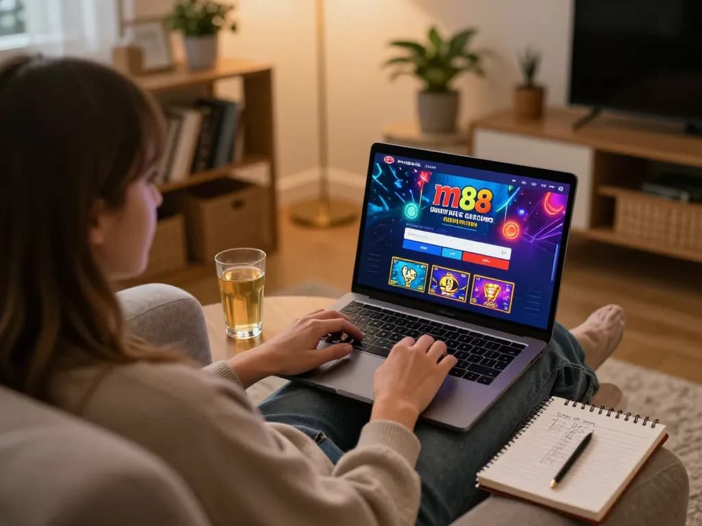 Engaging in online gambling with m88 casino login on laptop in a cozy home setting