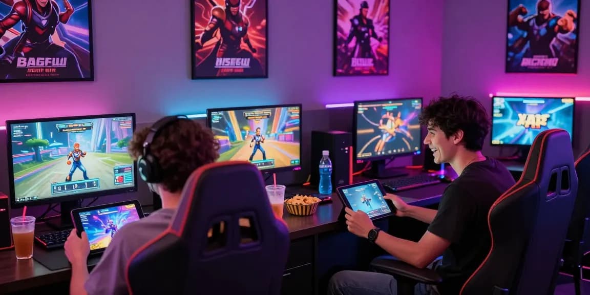 Friends enjoying nsfw apk games in a lively gaming lounge with colorful lighting.