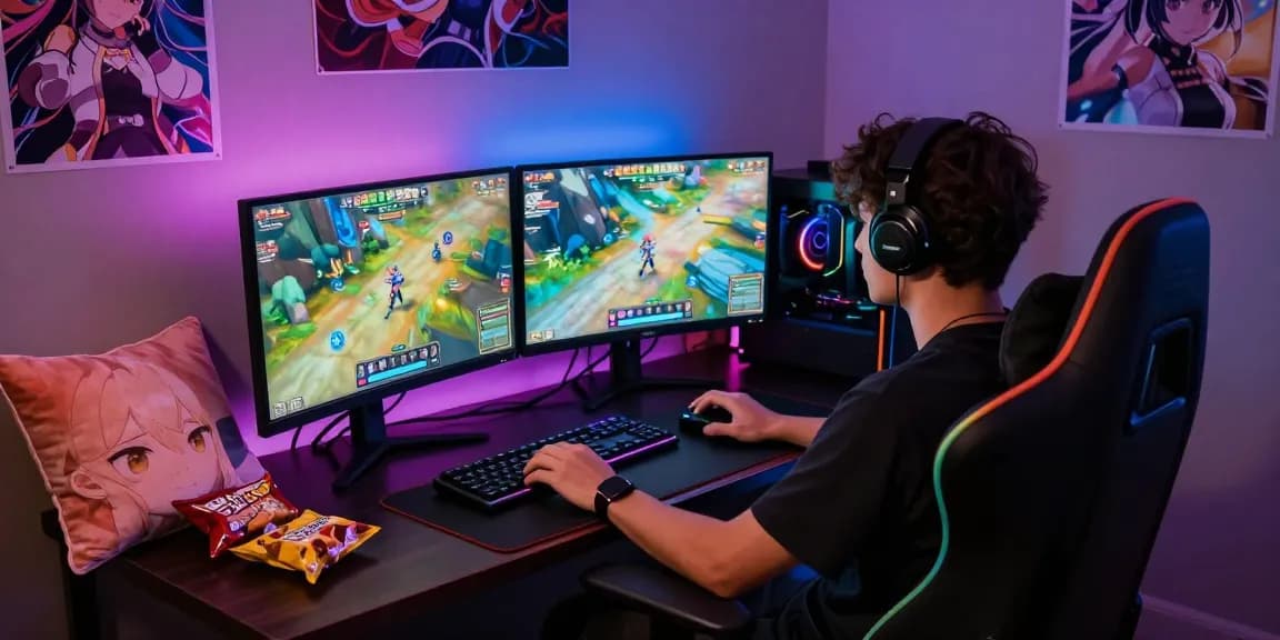 Gamer enjoying an immersive hentaigame experience in an inviting gaming setup.