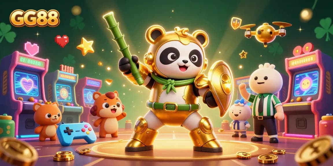 Engage in exciting gaming with GG88 as the mech-suit panda battles amidst vibrant casino elements.