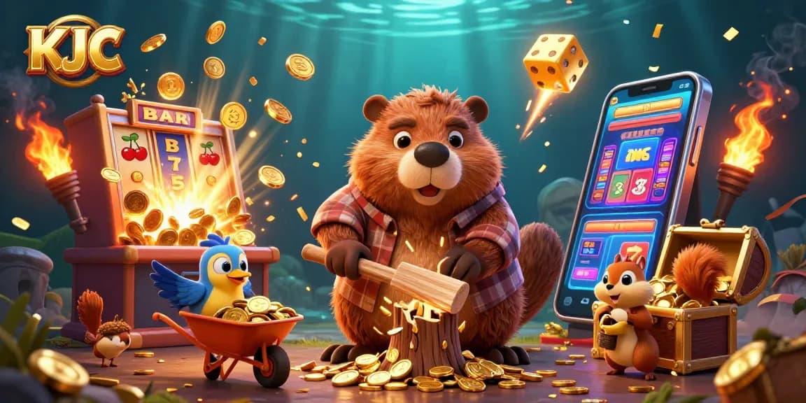 KJC players enjoying a vibrant casino scene with gold coins and dynamic game elements filling the atmosphere