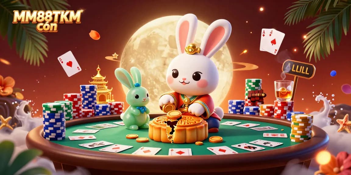 Engage with the MM88TTKM còn casino scene featuring a moon rabbit revealing poker chips in a vibrant 3D illustration.