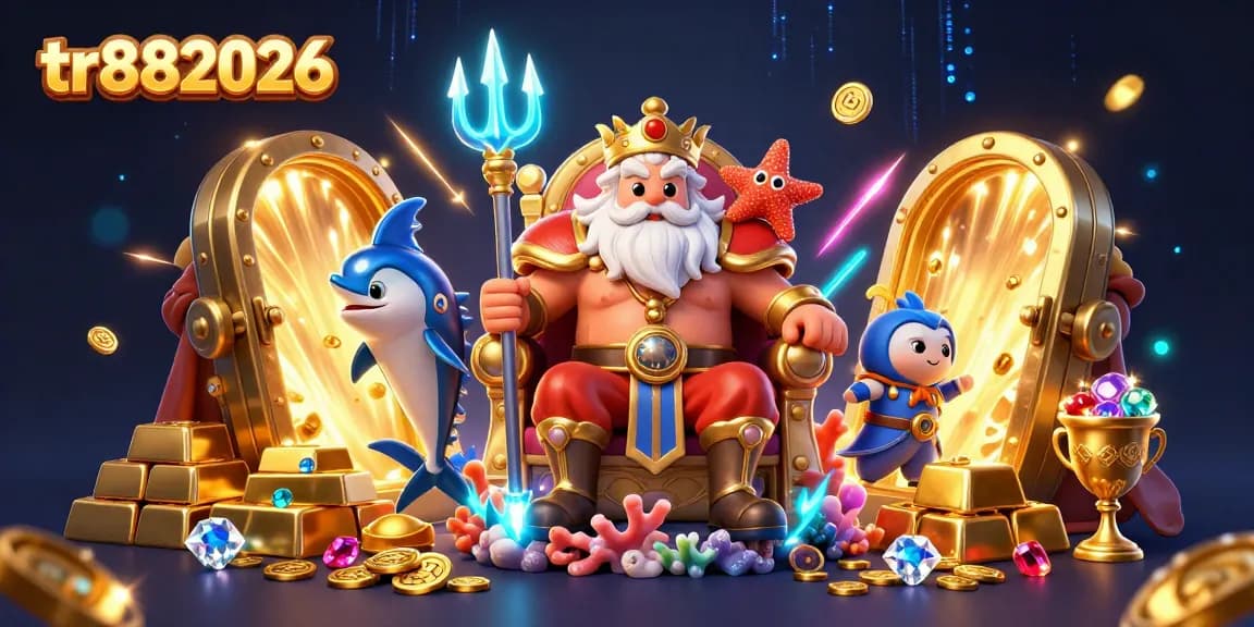 Experience the excitement of tr882026 with vibrant casino elements and a majestic sea king scene.