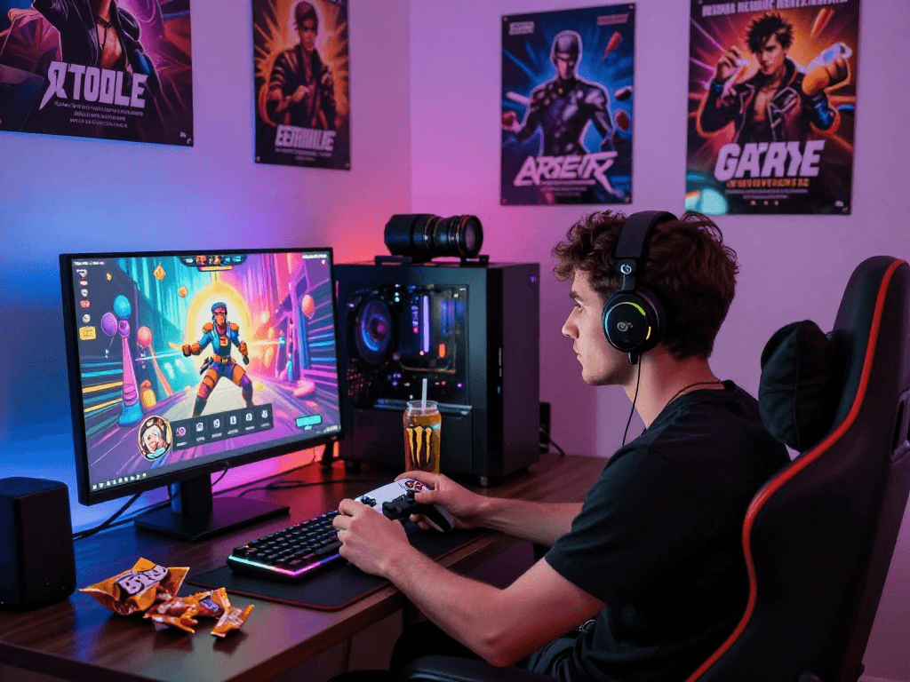 Engaged gamer enjoying gay porn games on a vibrant setup, showcasing inclusivity.