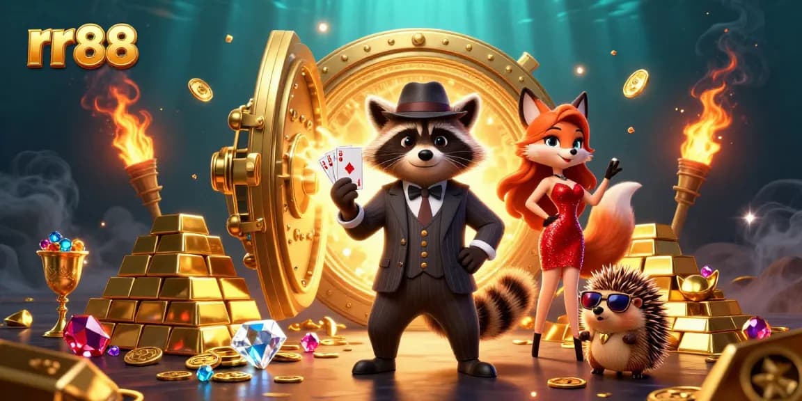 Engage in thrilling gaming action at rr 88 with a raccoon and friends, surrounded by treasures and casino elements.