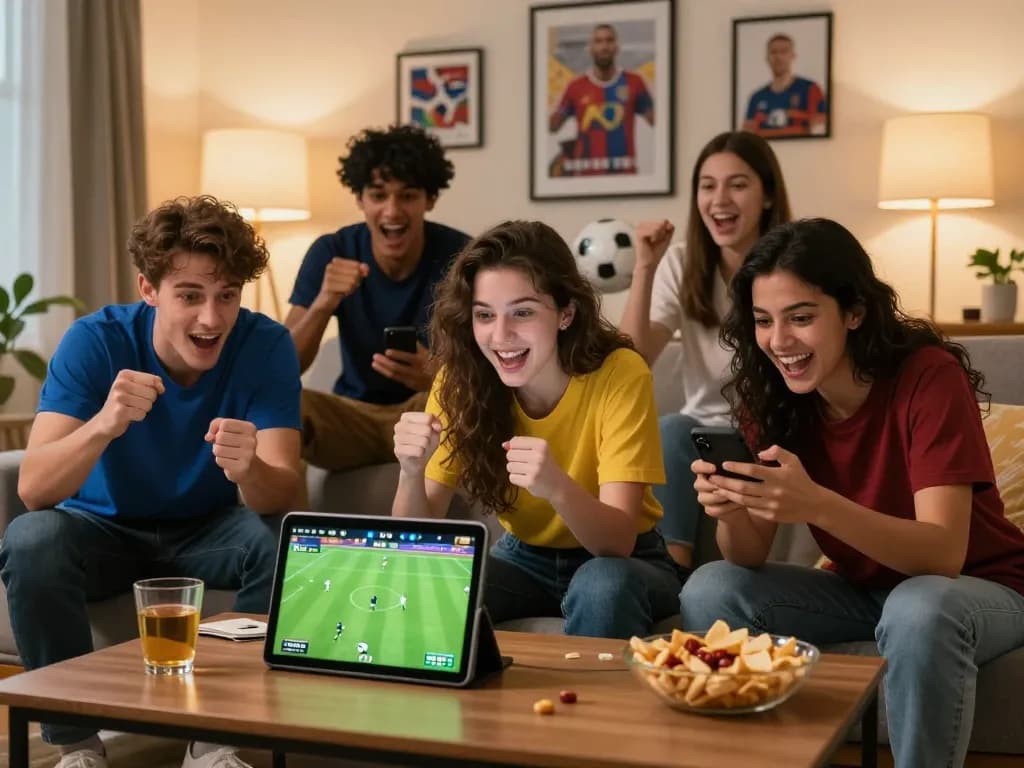 Engaged bettors analyzing kèo nhà cái hôm nay during a thrilling soccer game at home.