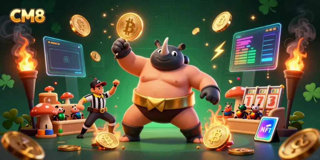 Experience an exciting CM8 gaming scene with beetle champions and bitcoin coins, rich in action and color.