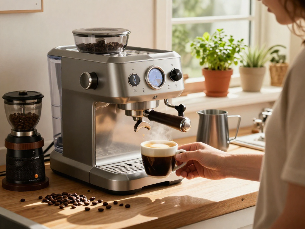 Expertly brewing coffee with rokok88 espresso machine in cozy kitchen.