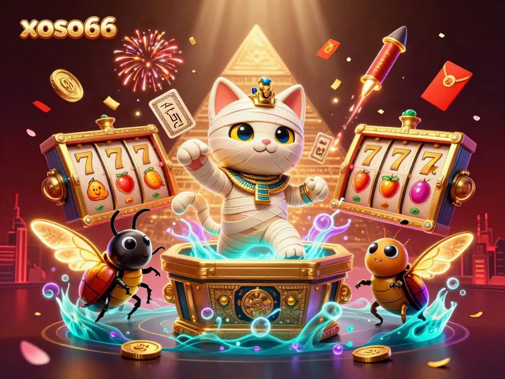 xoso66 offers a vibrant 3D illustration showcasing an animated Egyptian mummy cat in a casino surrounded by lively gaming elements.