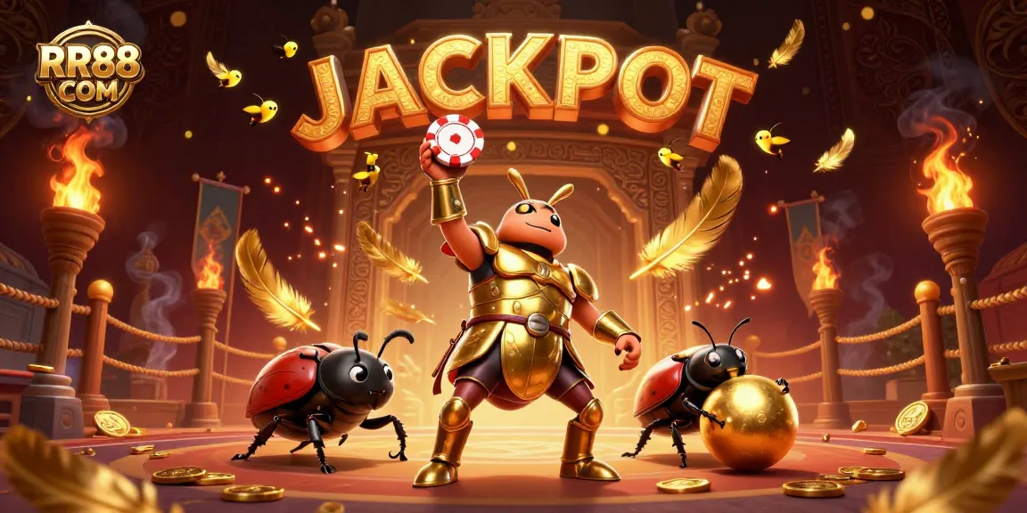Experience thrilling gaming with RR88 COM as the hero beetle wins with poker chips amidst a vibrant casino scene.