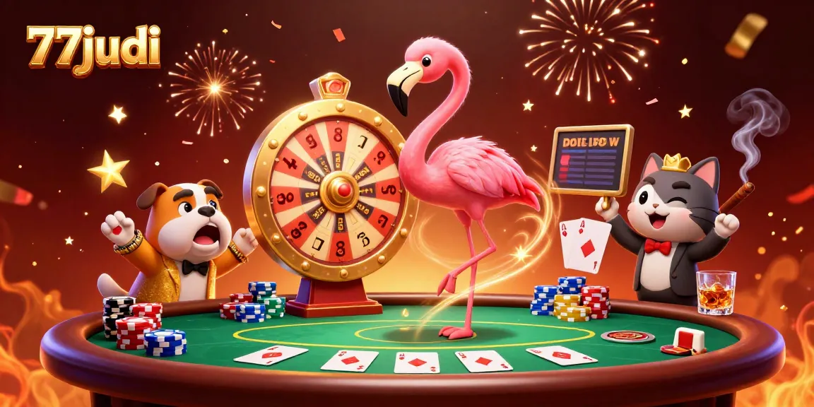 Engage with 77judi's thrilling prize wheel as flamingo host and bulldog contestant celebrate exciting wins!