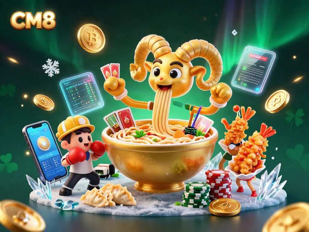 Engage in thrilling CM8 gaming with vibrant characters amidst glowing crypto elements and dynamic casino action.