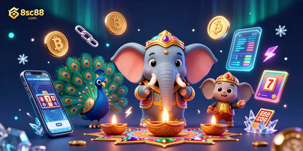 Spin jackpots at 8sc88 com with a vibrant 3D scene featuring a colorful elephant and crypto elements.