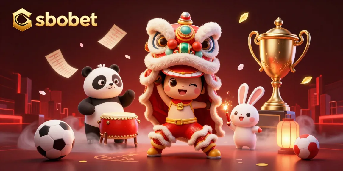 SBOBET sports betting action featuring a lion dance, drumming panda, and exciting game elements
