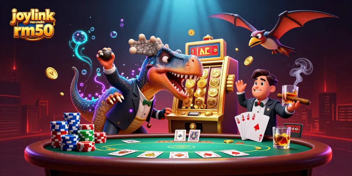 Experience the excitement of joylink free credit rm50 as a dinosaur battles a slot machine amidst a vibrant casino scene.