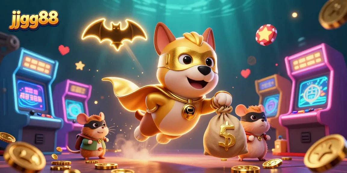 Engage in thrilling games at jjgg88 featuring a 3D dog hero flying with gold coins amidst vibrant casino elements.
