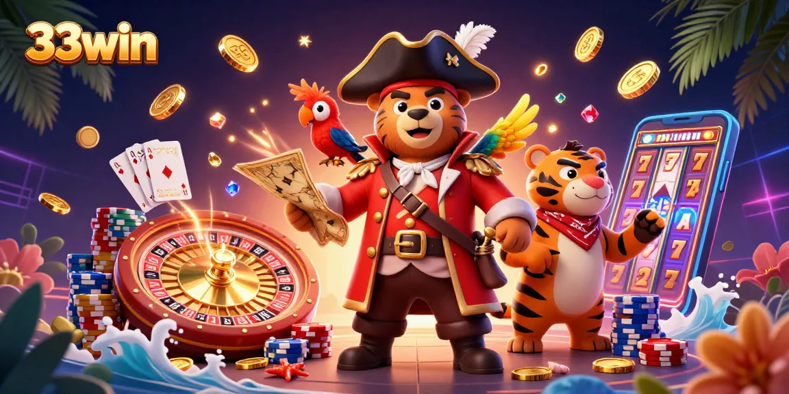 33win engages players with thrilling casino adventures featuring vibrant characters, golden treasures, and exciting game elements.