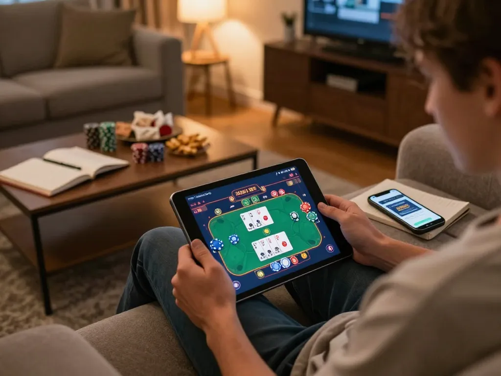 Engaging online session at f8betlv with a player enjoying a poker game on a tablet, showcasing a cozy setup and strategic gameplay.
