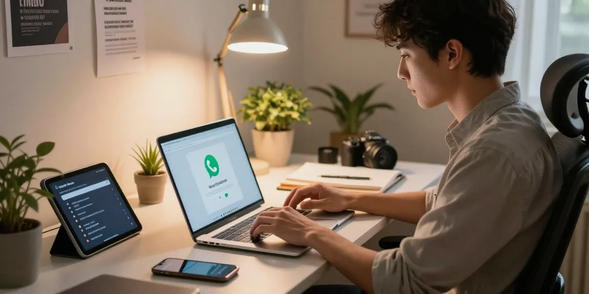 Professional using WhatsApp網頁版 on laptop in modern workspace, highlighting productivity and connectivity.