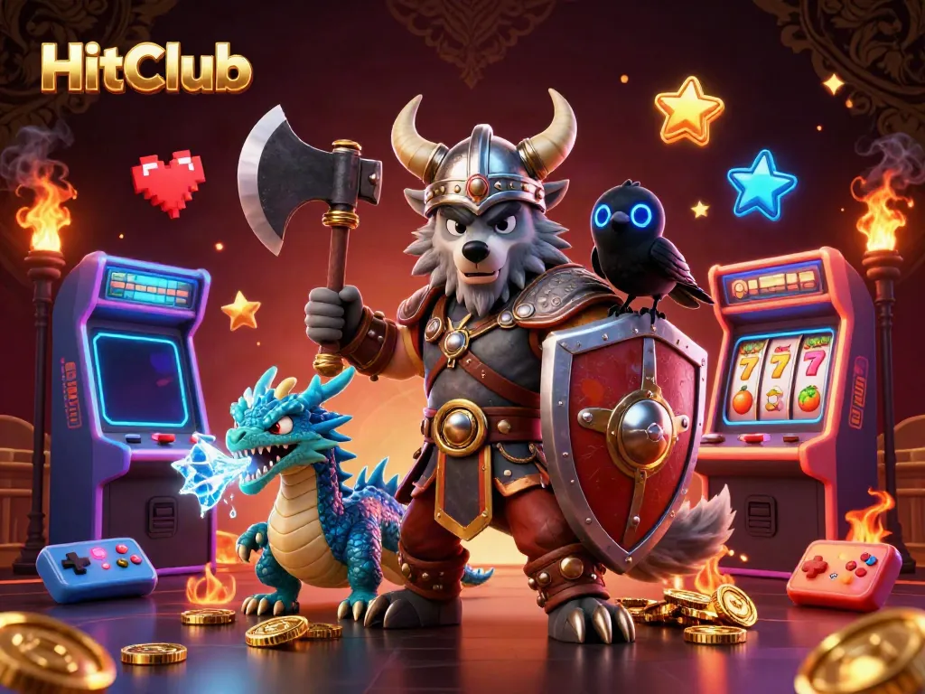 Engage in gaming adventures at HitClub with a dramatic Viking warrior, dragon, and vibrant arcade elements!