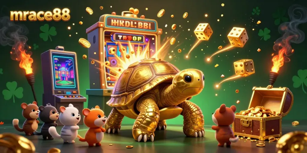Engage in vibrant gameplay at mrace88 with a colorful slot machine and lively casino characters.