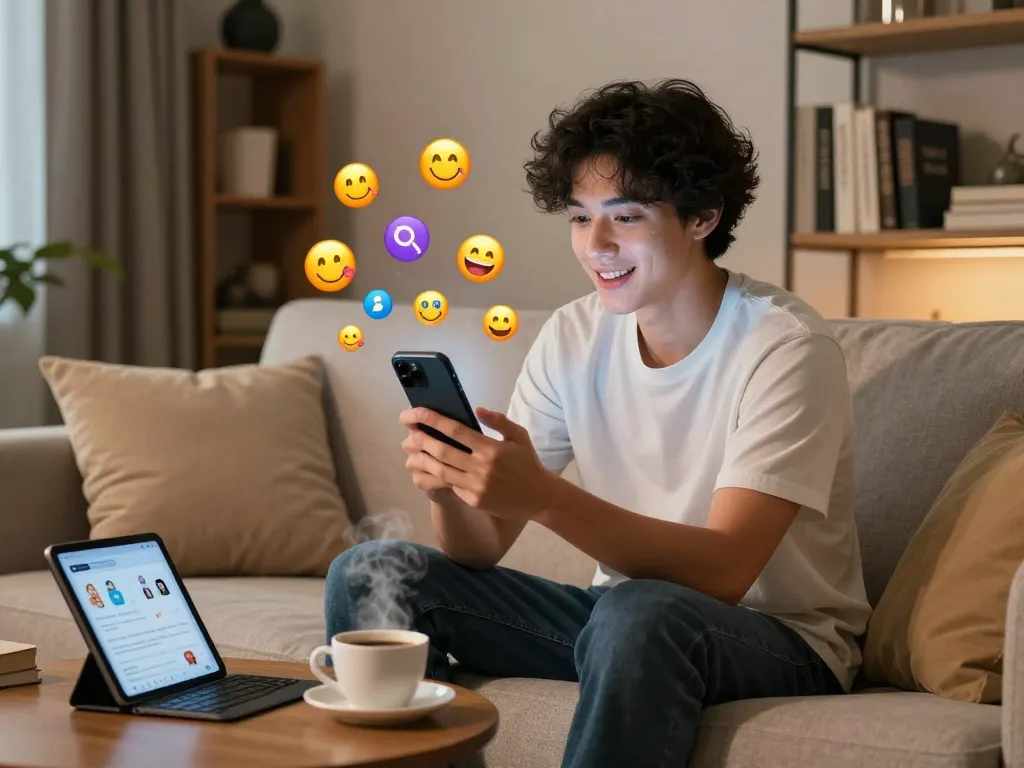 Interactive conversation on ai sex chat with a young adult enjoying engaging AI chatbot dialogues on a smartphone in a cozy setting.
