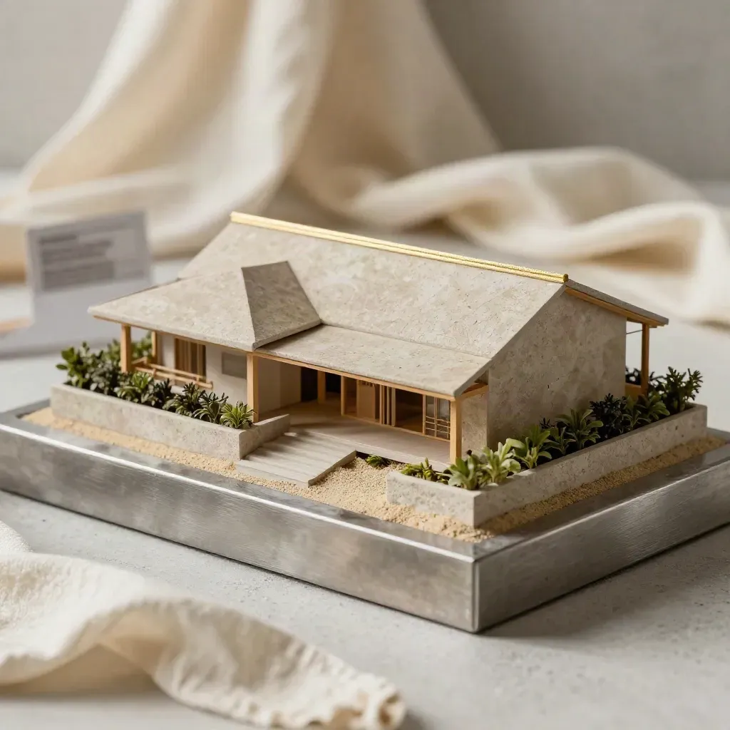 Model rumah banglo Shah Alam dengan base pasir, pagar hijau mini dan kain lembut terapung.