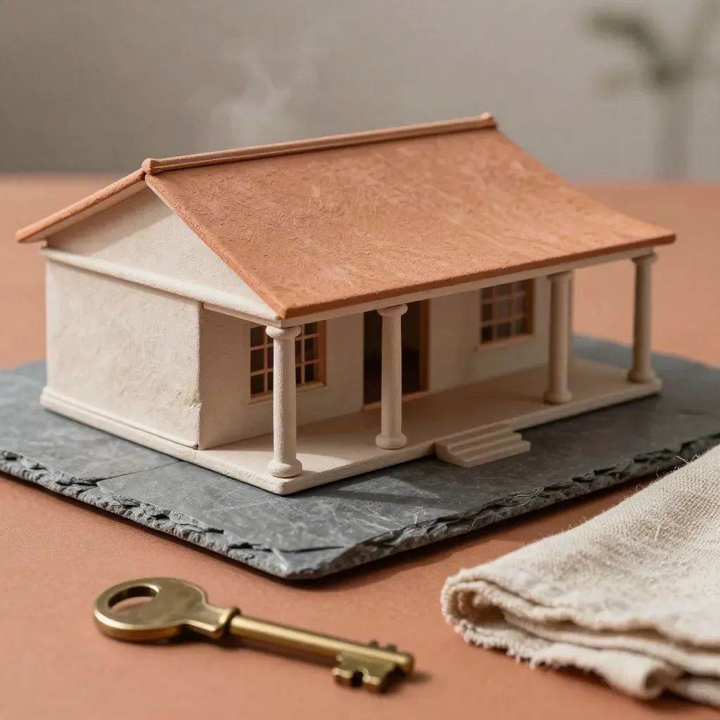 Model rumah setingkat Seremban dengan tiang serambi, parkir sisi, linen dan kunci di studio dramatik.