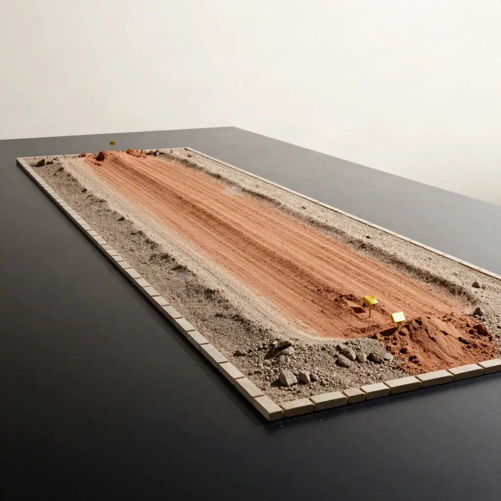 Model lot tanah bebas untuk Putrajaya dengan batu sempadan dan laluan akses sempit.