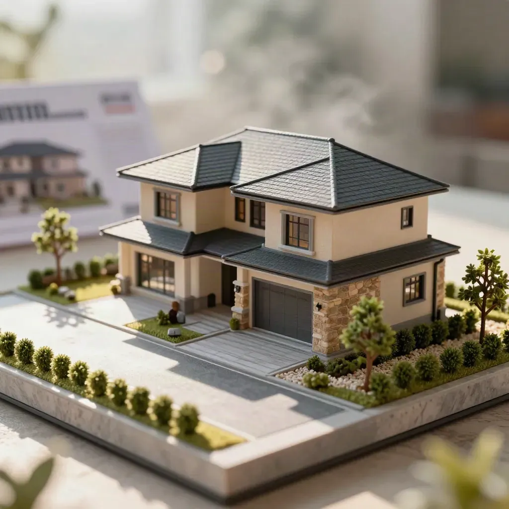 Model rumah semi-D Selayang di plinth batu, cahaya lembut dengan kabus halus
