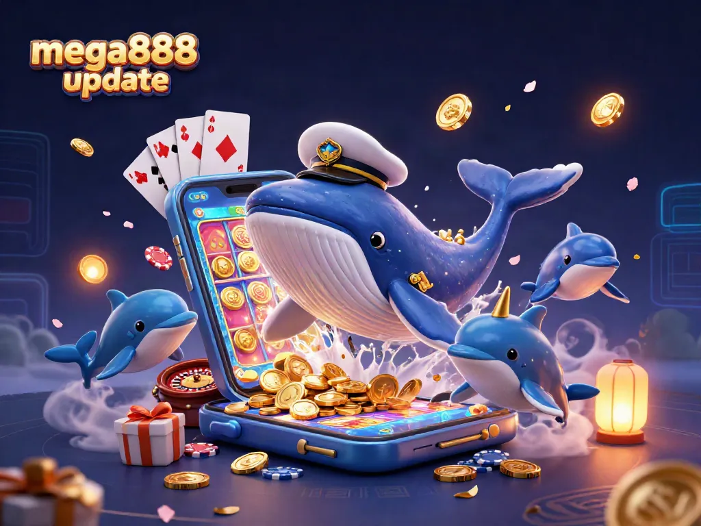 Engage with the mega888 update excitement in a vibrant 3D casino scene featuring mythical creatures and gaming elements.