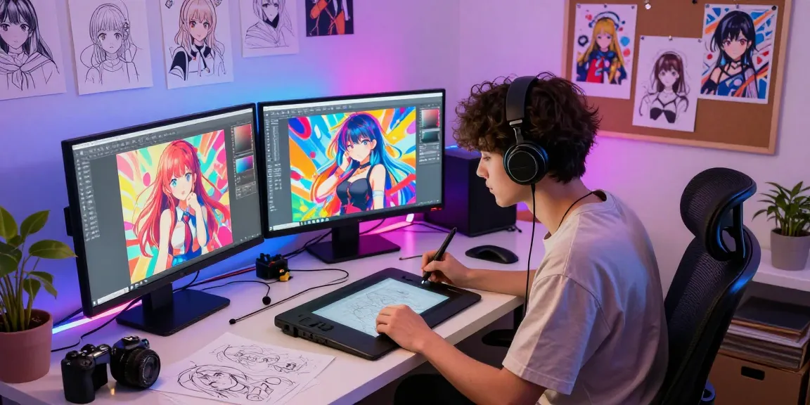 AI ecchi artist creating vibrant digital artwork in a creative studio.