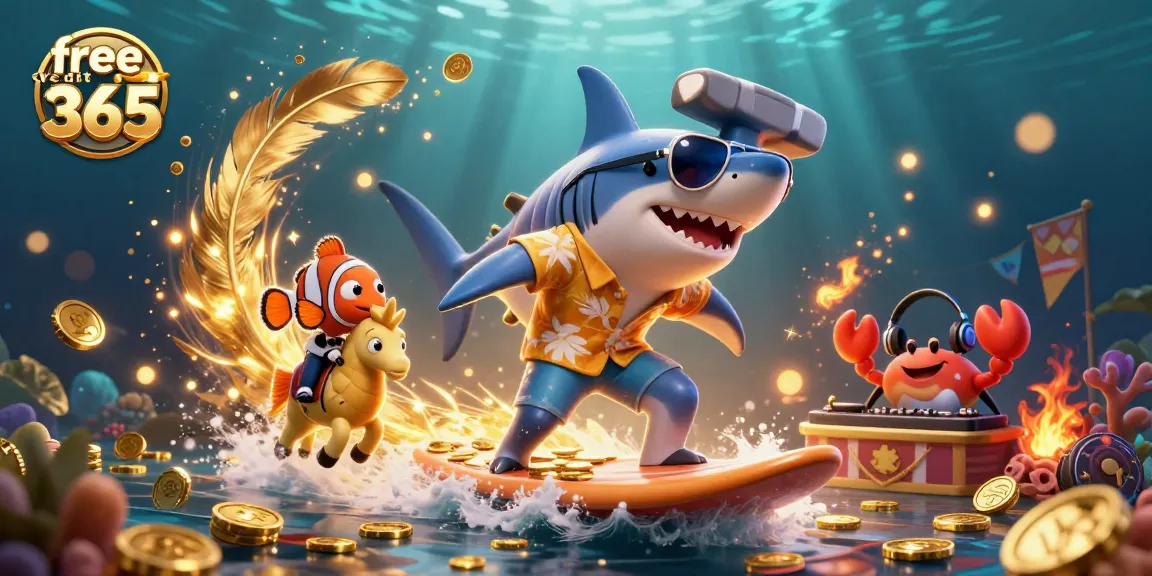 Experience thrilling gaming with free credit 365 in a vibrant underwater casino scene.