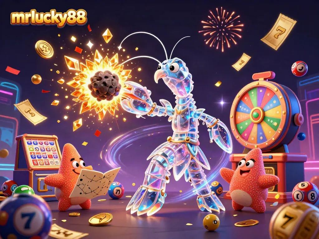 Engage with mrlucky88 in a vibrant 3D casino scene bursting with gold coins and slot machines.