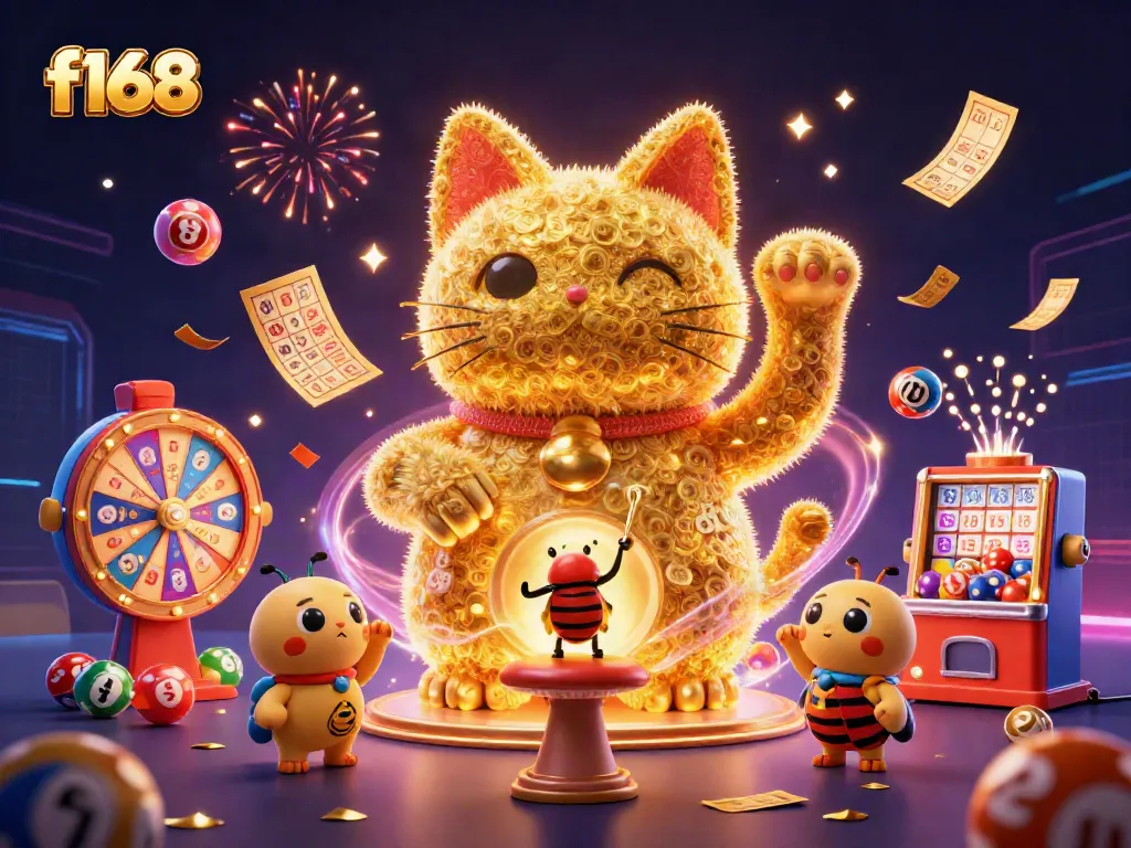Experience f168's vibrant casino excitement with golden fireflies and dynamic lottery elements.