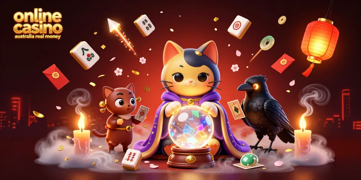 Win at online casino Australia real money with 3D characters of a fortune teller and raven around gold coins.