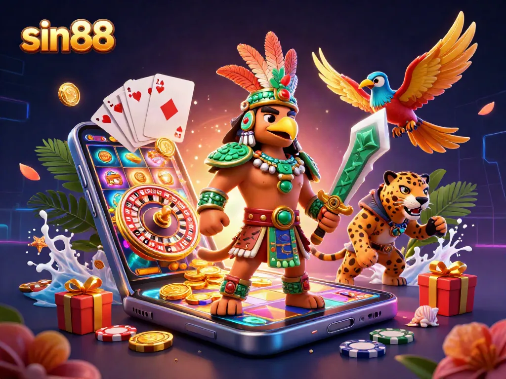 Spin thrilling slots and collect rewards at sin88 with a vibrant 3D casino scene.