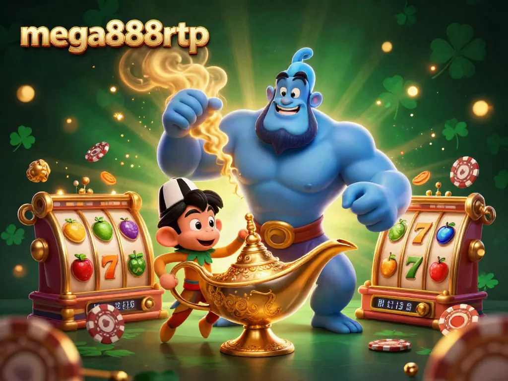 Experience winning spins with mega888rtp in this vivid 3D casino adventure illustration.