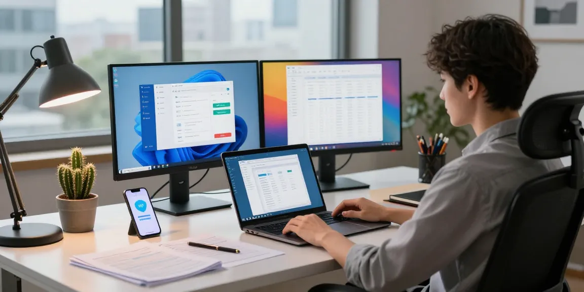 Workspace showcasing WPS Official Website tools on modern desk with vibrant display screens