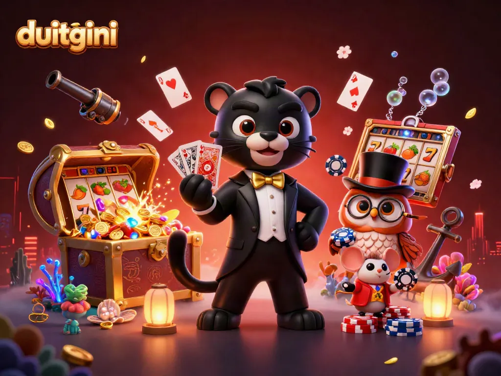 Engage with DuitGini's thrilling card games featuring a stylish panther dealer and friends.