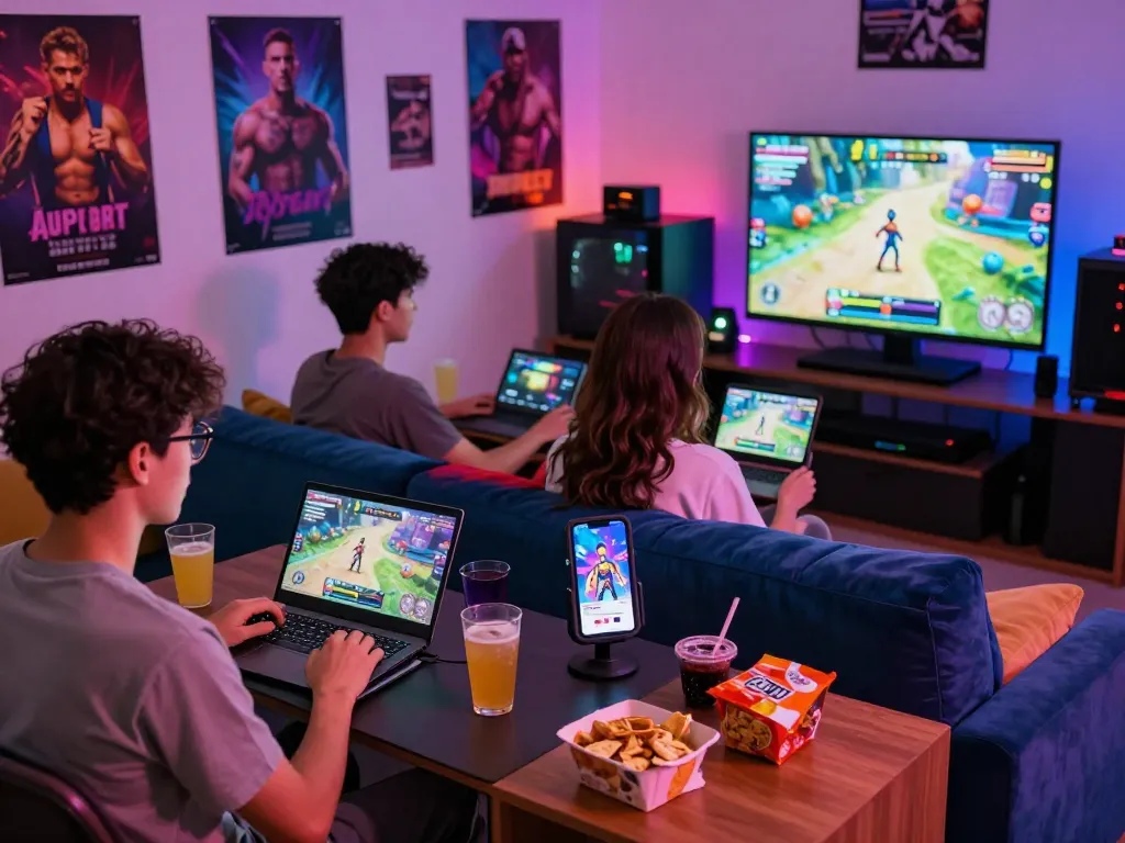 Engaged friends playing gay porn games on various devices in a colorful gaming room.