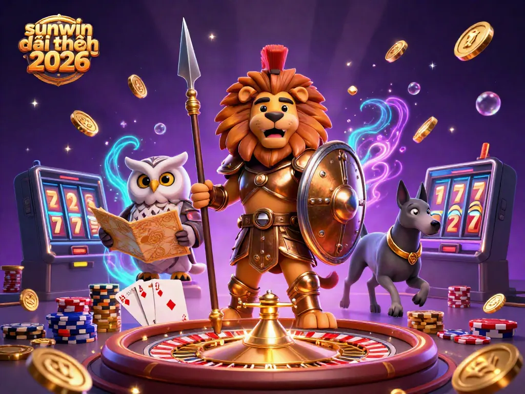 Engaging scene of sunwin đổi thưởng 2026 featuring 3D lion, owl, and greyhound celebrating winning moments in a casino.