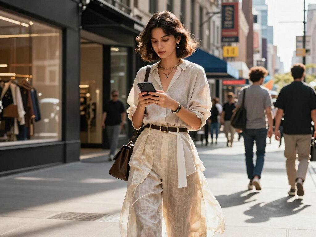 Young woman checking her smartphone for rokok88 link login in stylish urban outfit.
