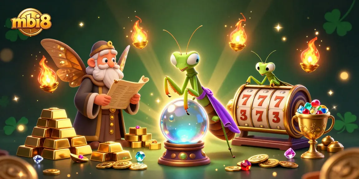 Experience thrilling slots and jackpots at mbi8, featuring a mystical fortune teller in a vibrant casino scene.