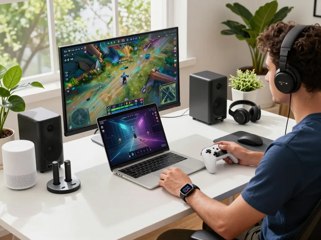 Engaging workspace showcasing top 10 tech gadgets 2079 including Bluetooth devices and smart technology.