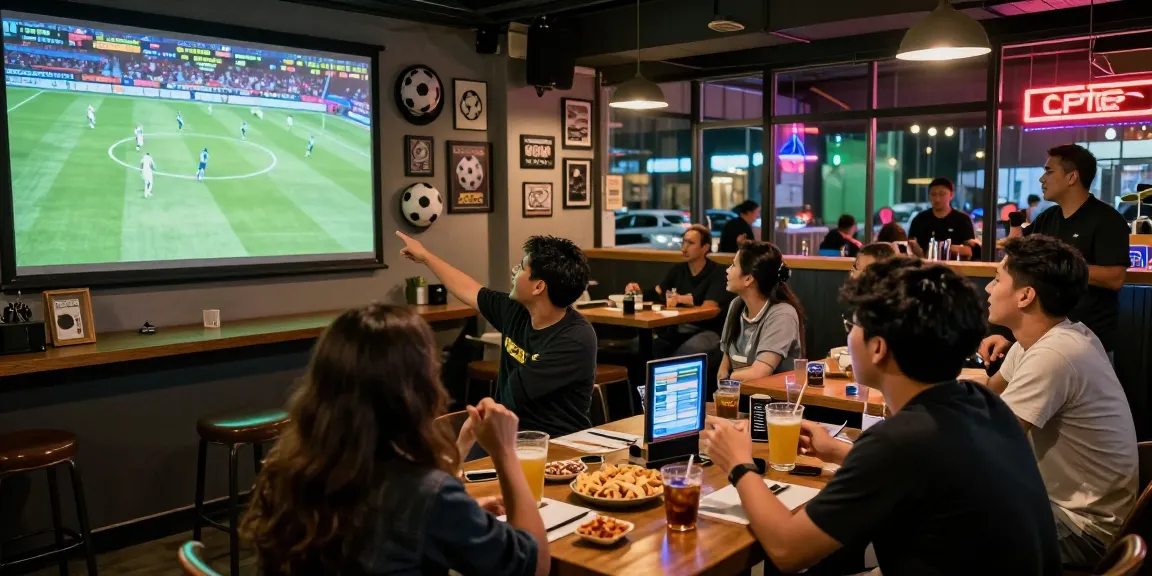 Exciting football betting Malaysia scene with friends cheering at a sports bar during a live match.