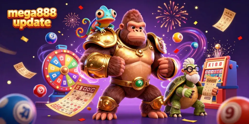 Catch the latest mega888 update with an exciting illustration featuring vibrant characters and casino elements.