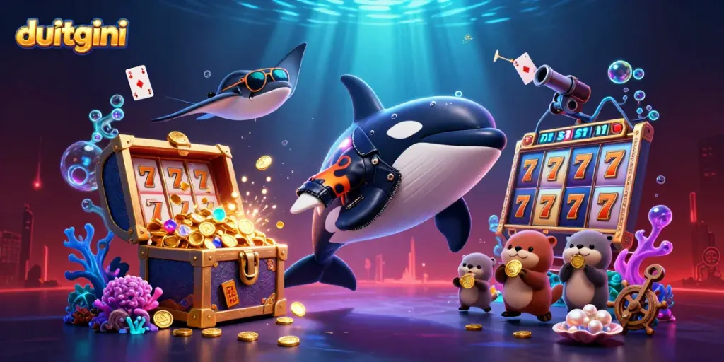 Engage in thrilling gaming adventures with DuitGini, featuring an orca, stingray, and otters amidst lively slots.